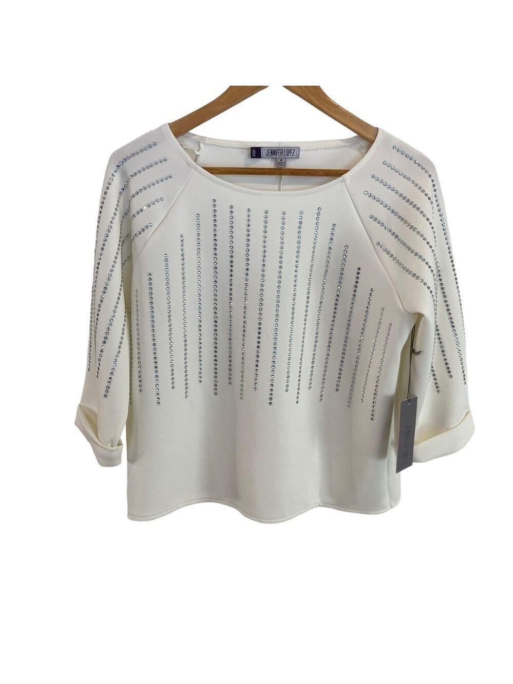 Jennifer Lopez ice angel top crystal embellished NWT white silky blouse medium